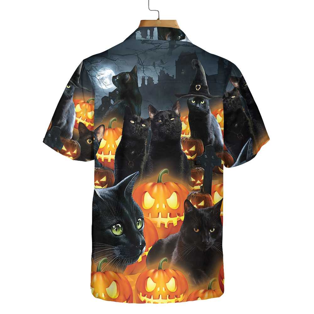 Halloween Black Cat & Pumpkin Hawaiian Shirt, Spooky Halloween Shirt For Men And Women