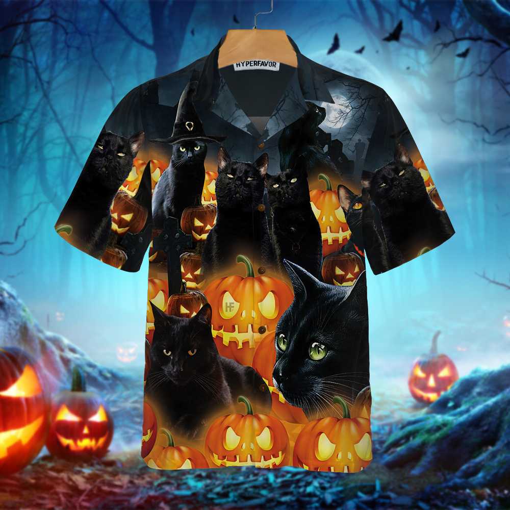 Halloween Black Cat & Pumpkin Hawaiian Shirt, Spooky Halloween Shirt For Men And Women