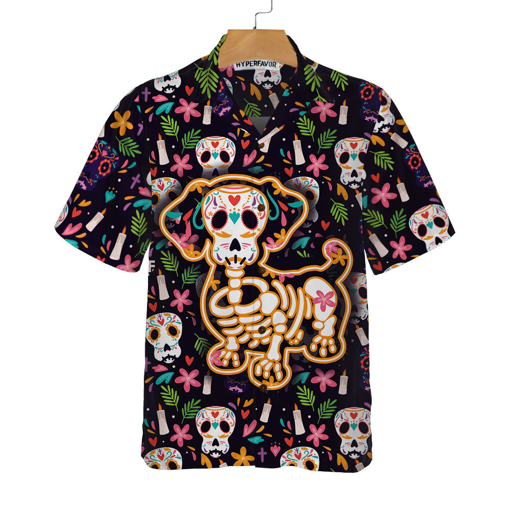 Halloween Gift Bone Skull Dog With Mexico Pattern Hawaiian Shirt, Funny Sugar Skull Dachshund Shirt