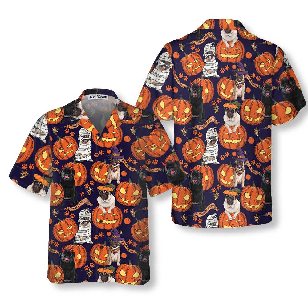 Halloween Pug Dog With Pumpkin Hawaiian Shirt, Unique Pug Shirt For Halloween