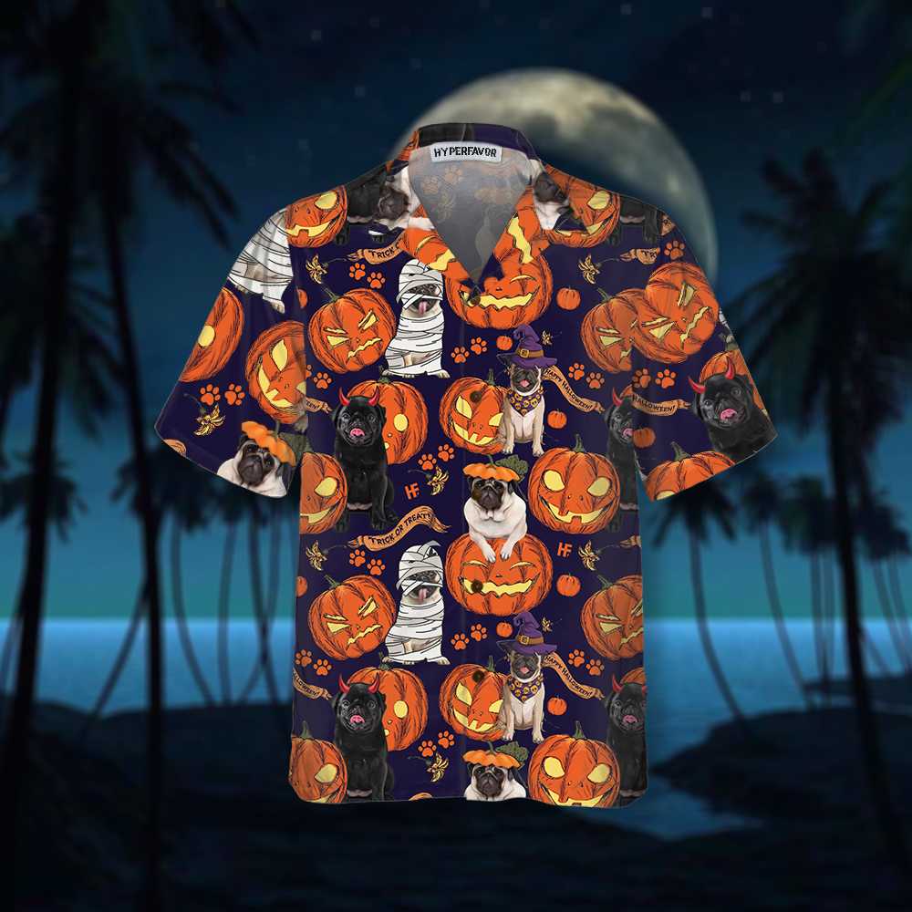 Halloween Pug Dog With Pumpkin Hawaiian Shirt, Unique Pug Shirt For Halloween