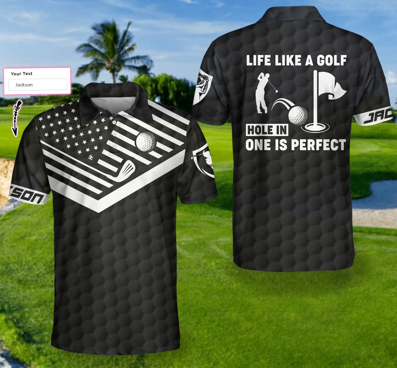 Hole In One Is Perfect Black American Flag Golf Custom Polo Shirt For Men, Best Gift For Golfers