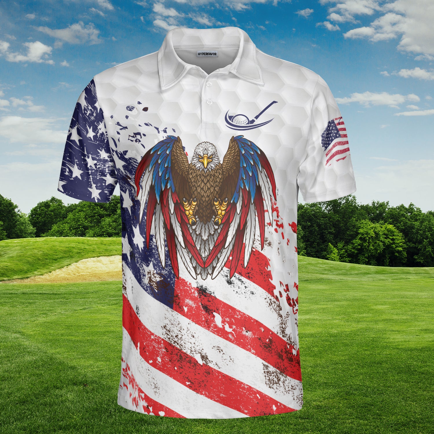 HYPERFAVOR American Flag Eagle Patriotic Golf Polo Shirt