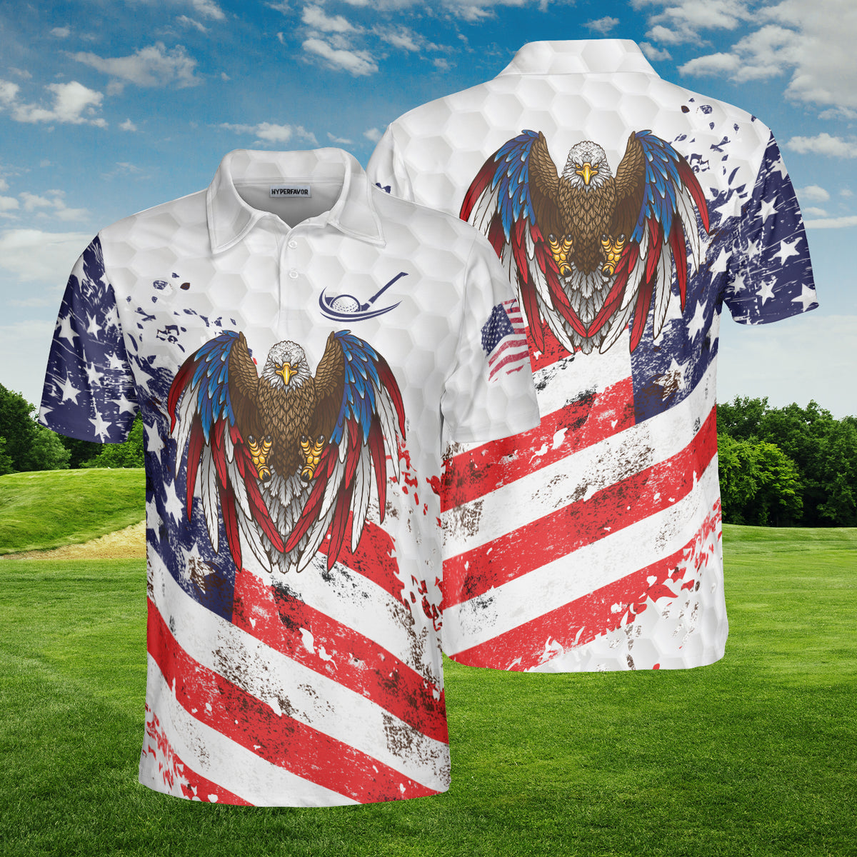 HYPERFAVOR American Flag Eagle Patriotic Golf Polo Shirt