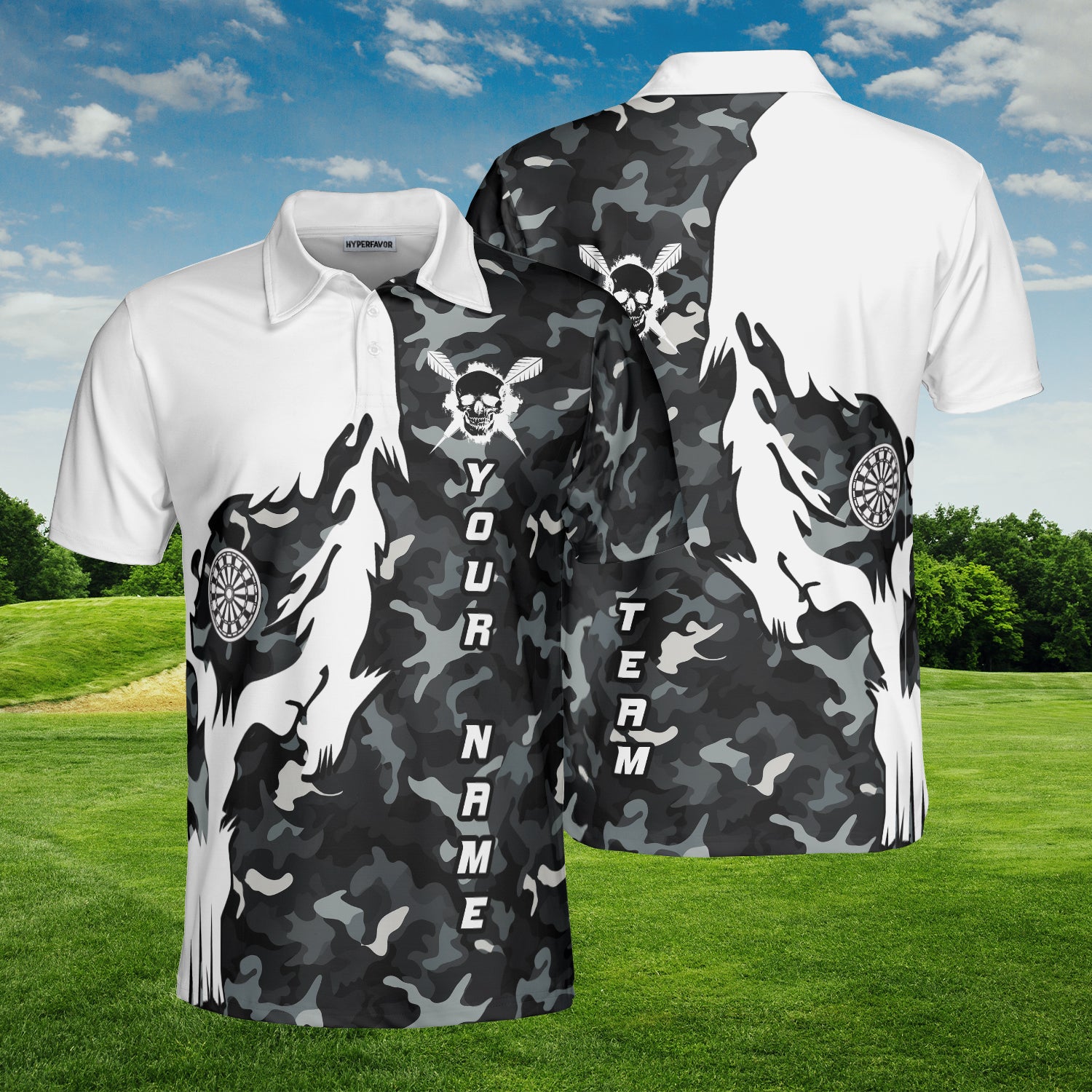 HYPERFAVOR Personalized Grey Camouflage Skull Darts Polo Shirt