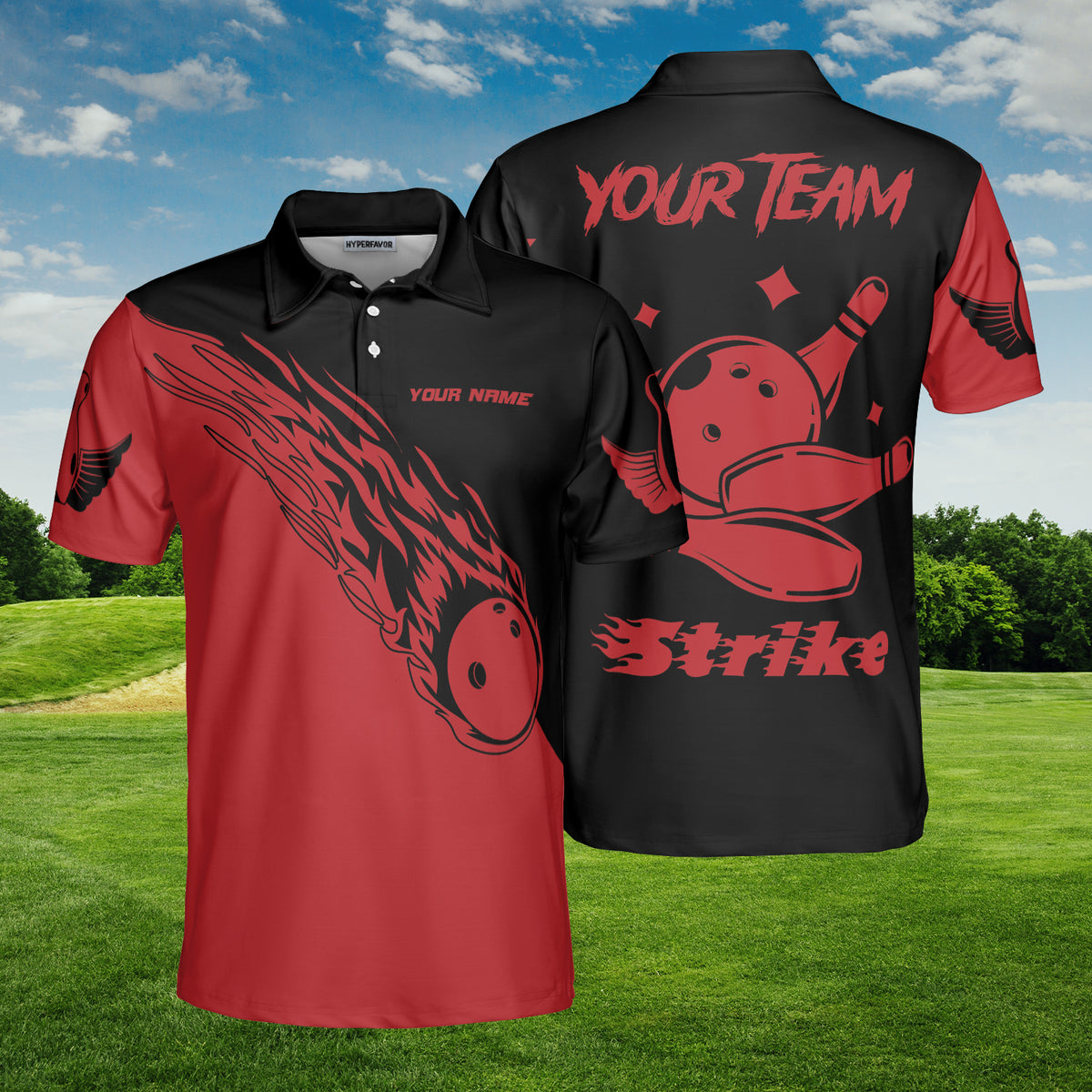 HYPERFAVOR Strike Red Flaming Bowling Ball Custom Polo Shirt