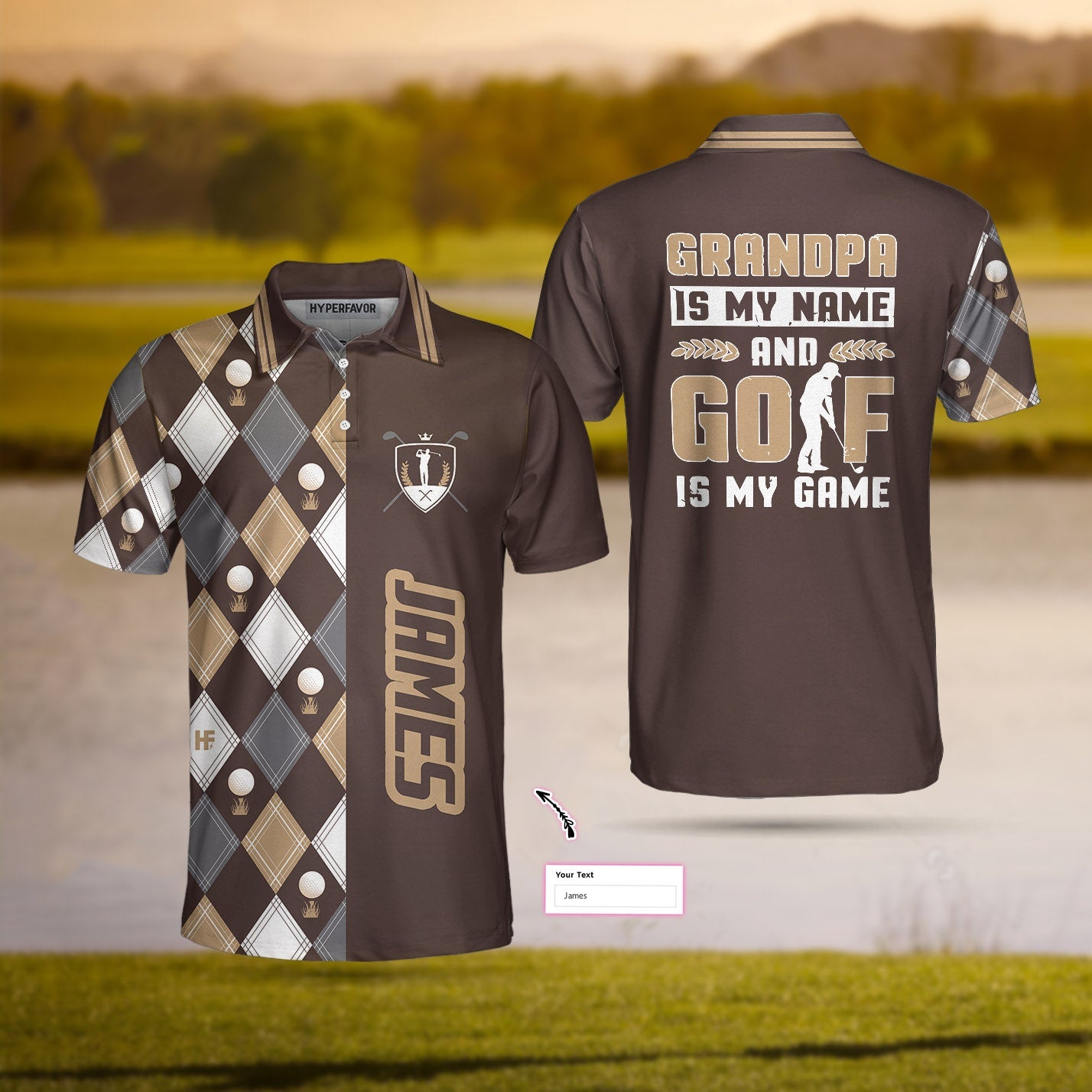 Brown Argyle Pattern Grandpa Is My Name And Golf Is My Game Custom Polo Shirt, Personalized Golf Gift Idea