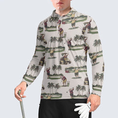 Ivory Tropical Santa Golfing Long Sleeve Polo Shirts