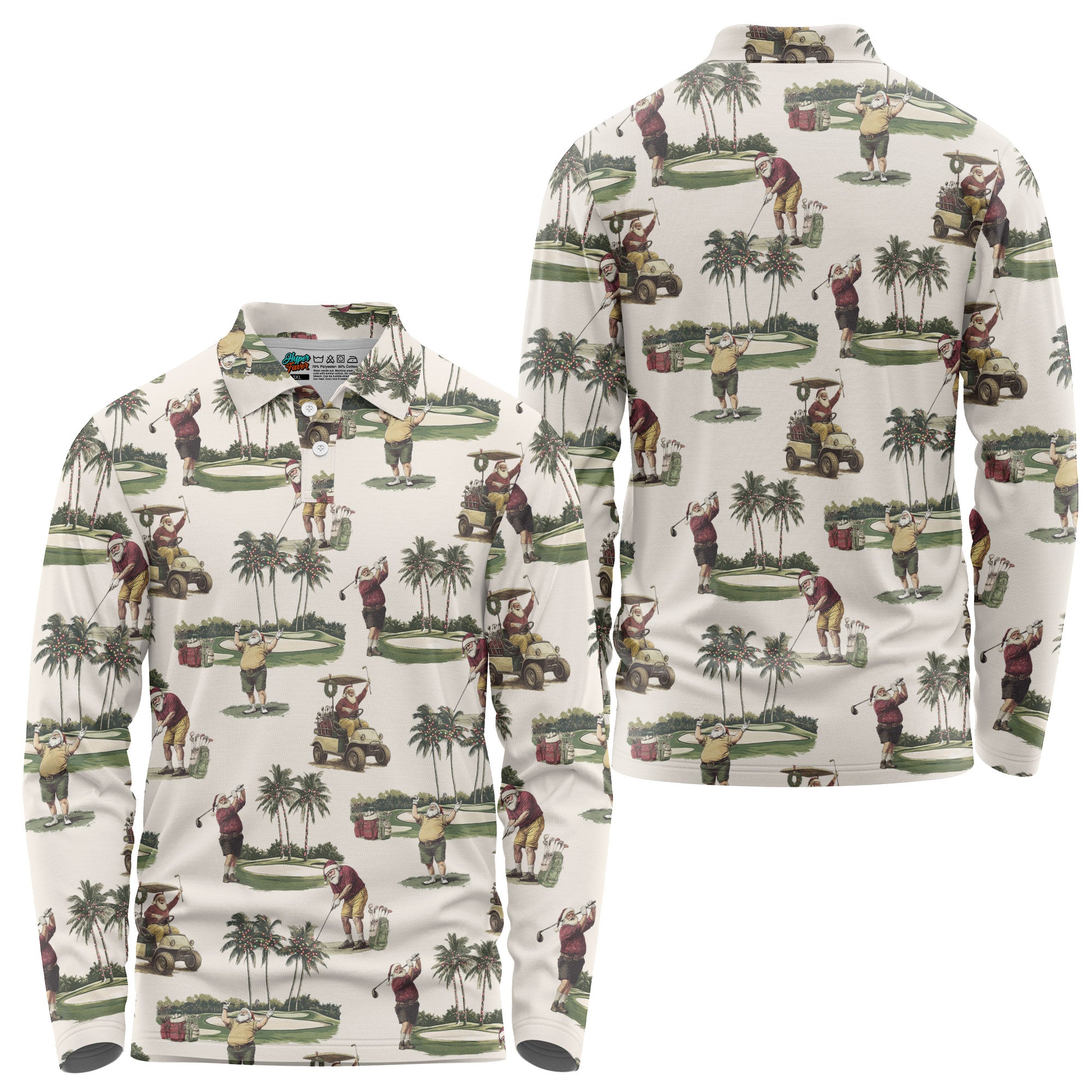 Ivory Tropical Santa Golfing Long Sleeve Polo Shirts