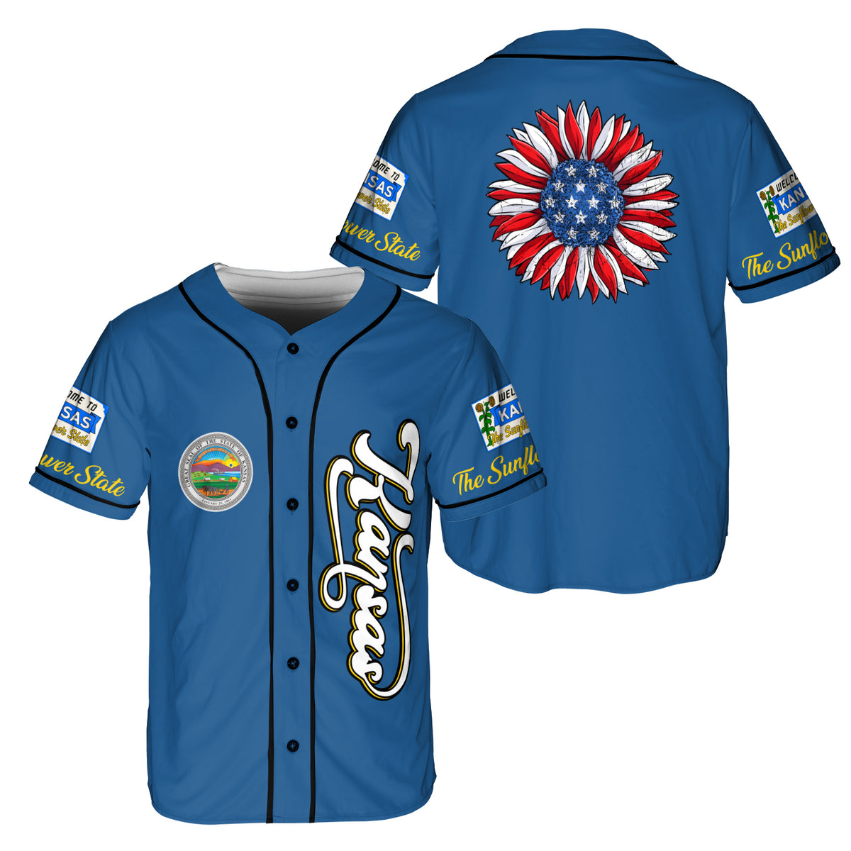 Kansas Proud Sunflower American Flag Baseball Jersey - HYPERFAVOR