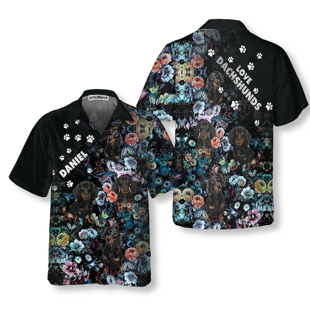 Love Dachshunds Dog Night Flower Pattern Custom Hawaiian Shirt, Funny Floral Dachshund Shirt