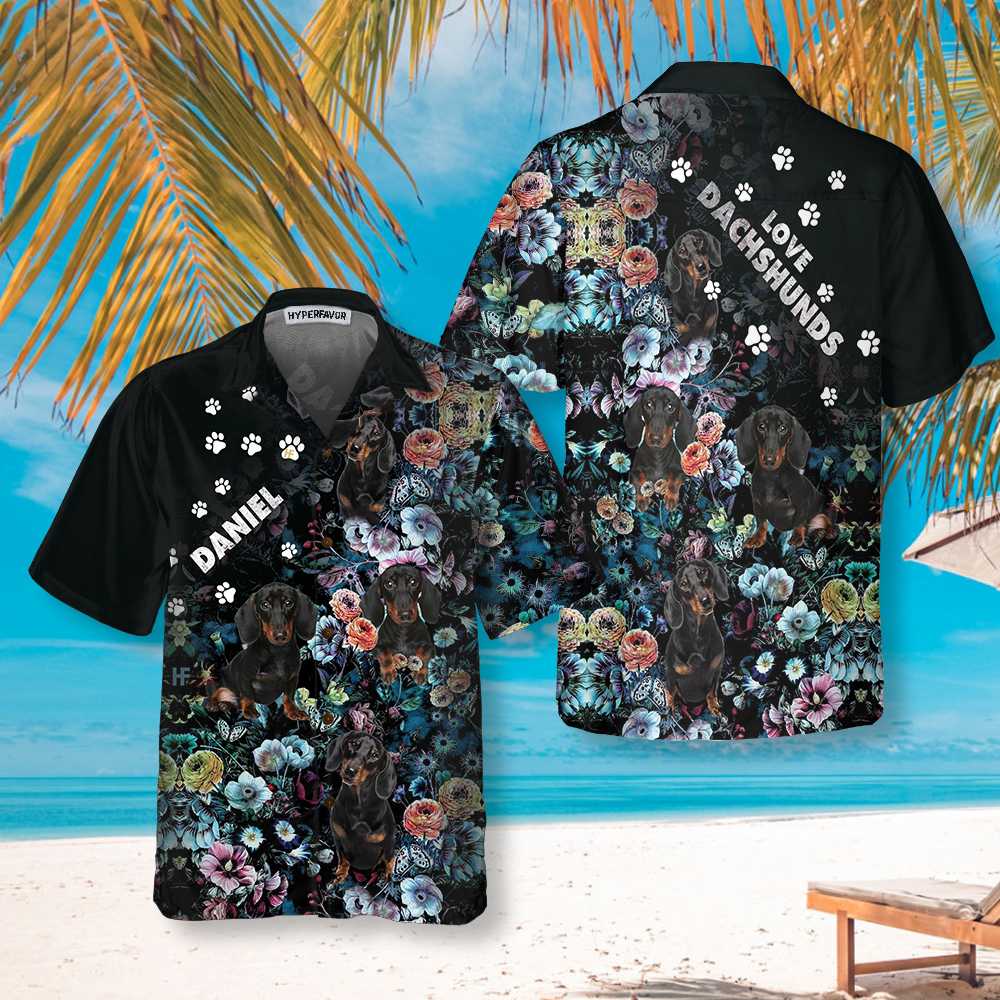 Love Dachshunds Dog Night Flower Pattern Custom Hawaiian Shirt, Funny Floral Dachshund Shirt
