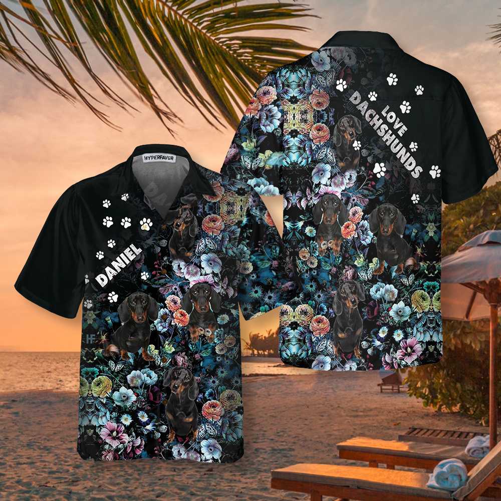 Love Dachshunds Dog Night Flower Pattern Custom Hawaiian Shirt, Funny Floral Dachshund Shirt