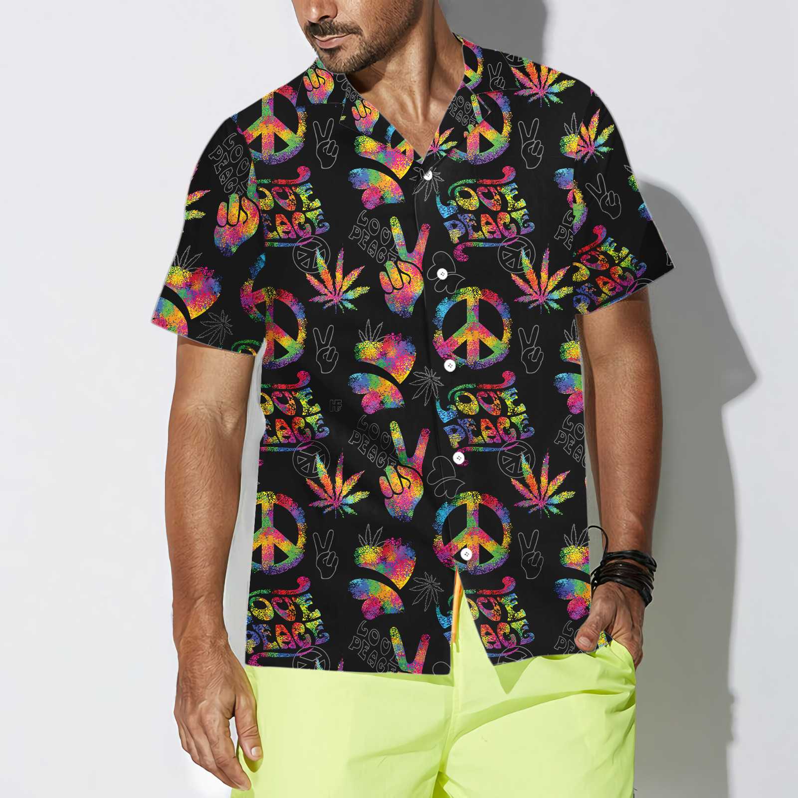 Love Peace Hippie Hawaiian Shirt, Rainbow Hippie Symbols Shirt