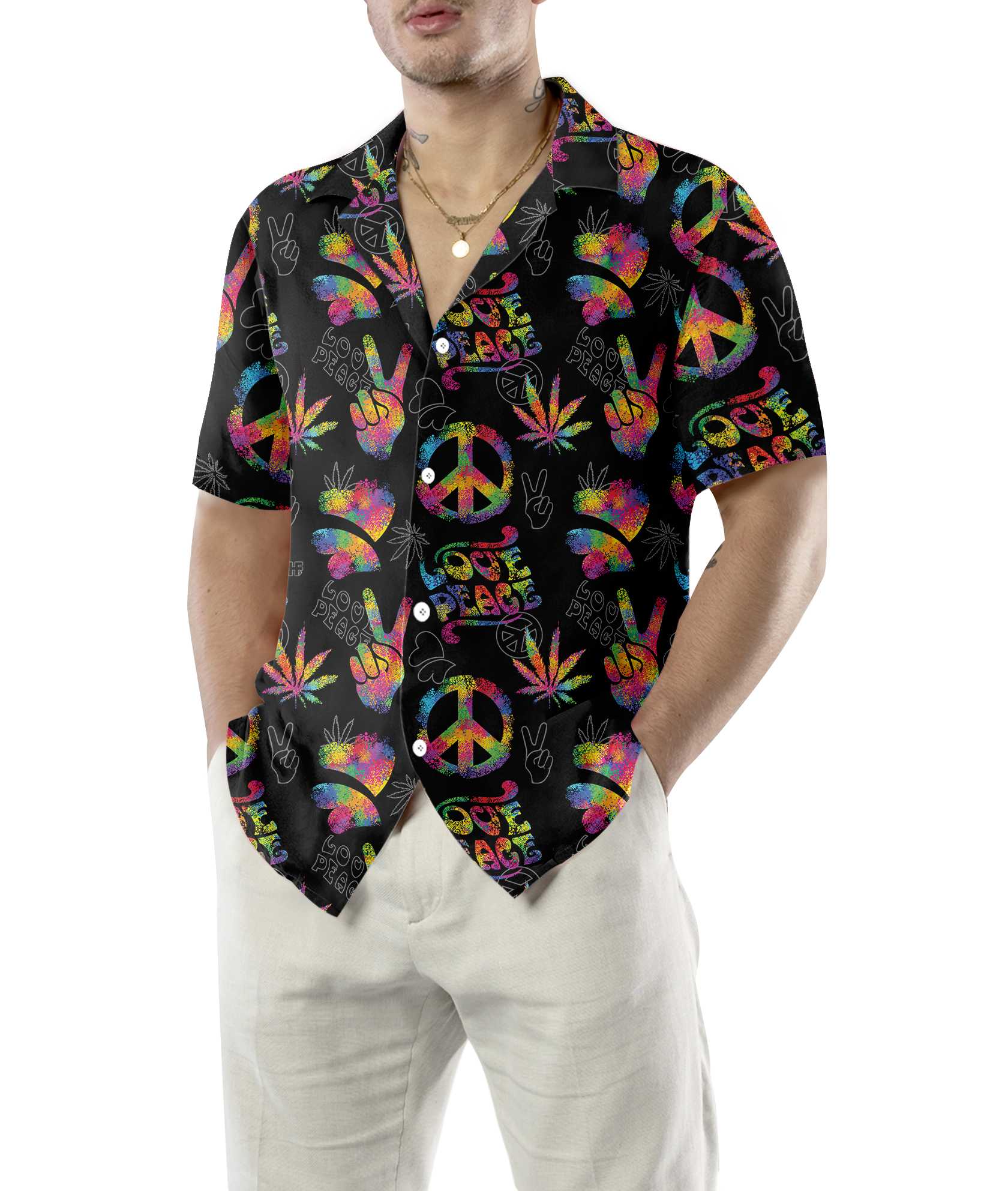 Love Peace Hippie Hawaiian Shirt, Rainbow Hippie Symbols Shirt