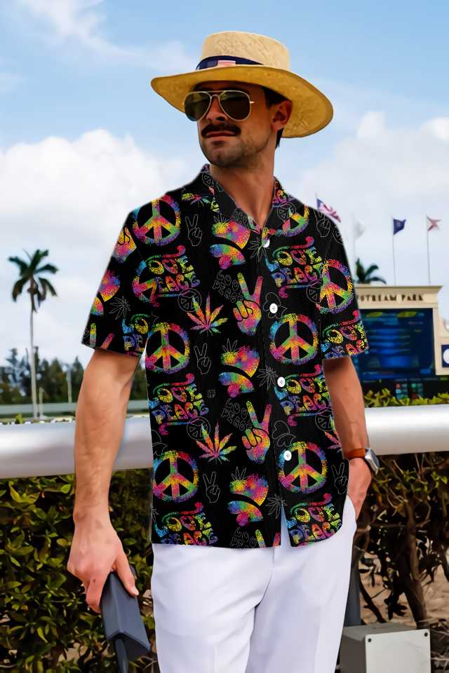 Love Peace Hippie Hawaiian Shirt, Rainbow Hippie Symbols Shirt