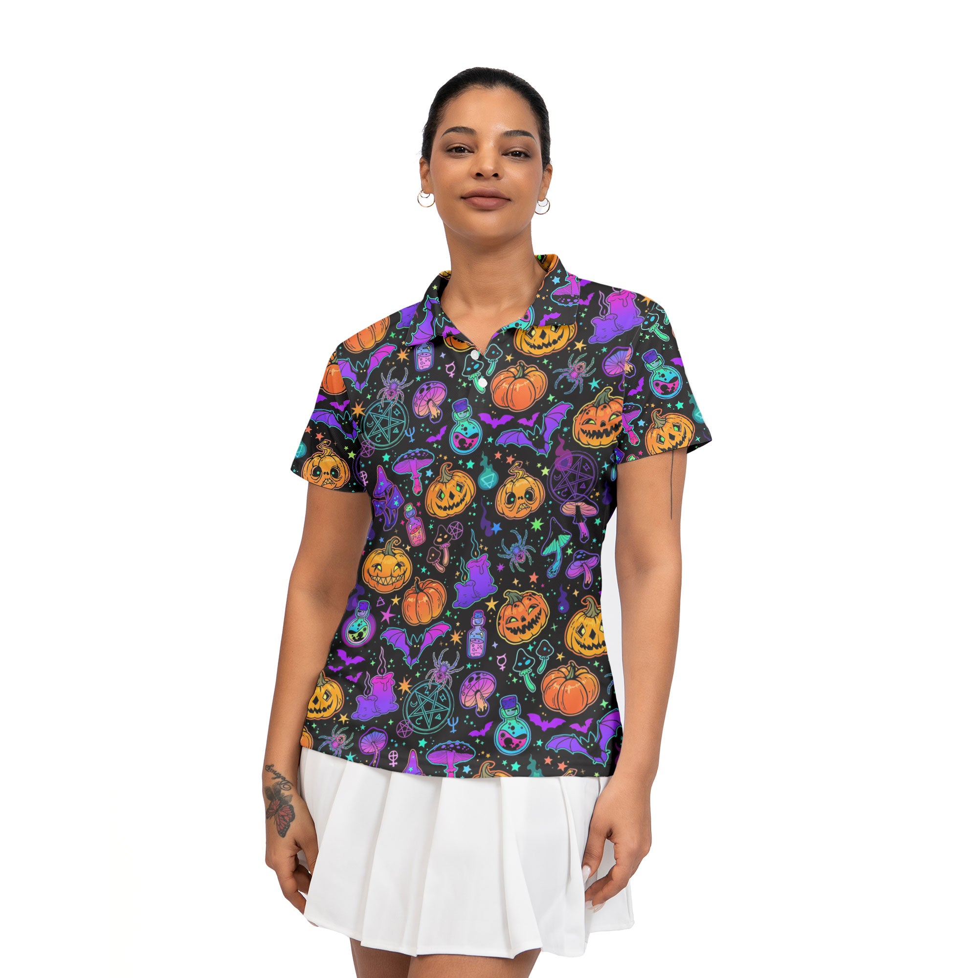 Magical Pumpkins Halloween Seamless Pattern Women Polo Shirt - HYPERFAVOR