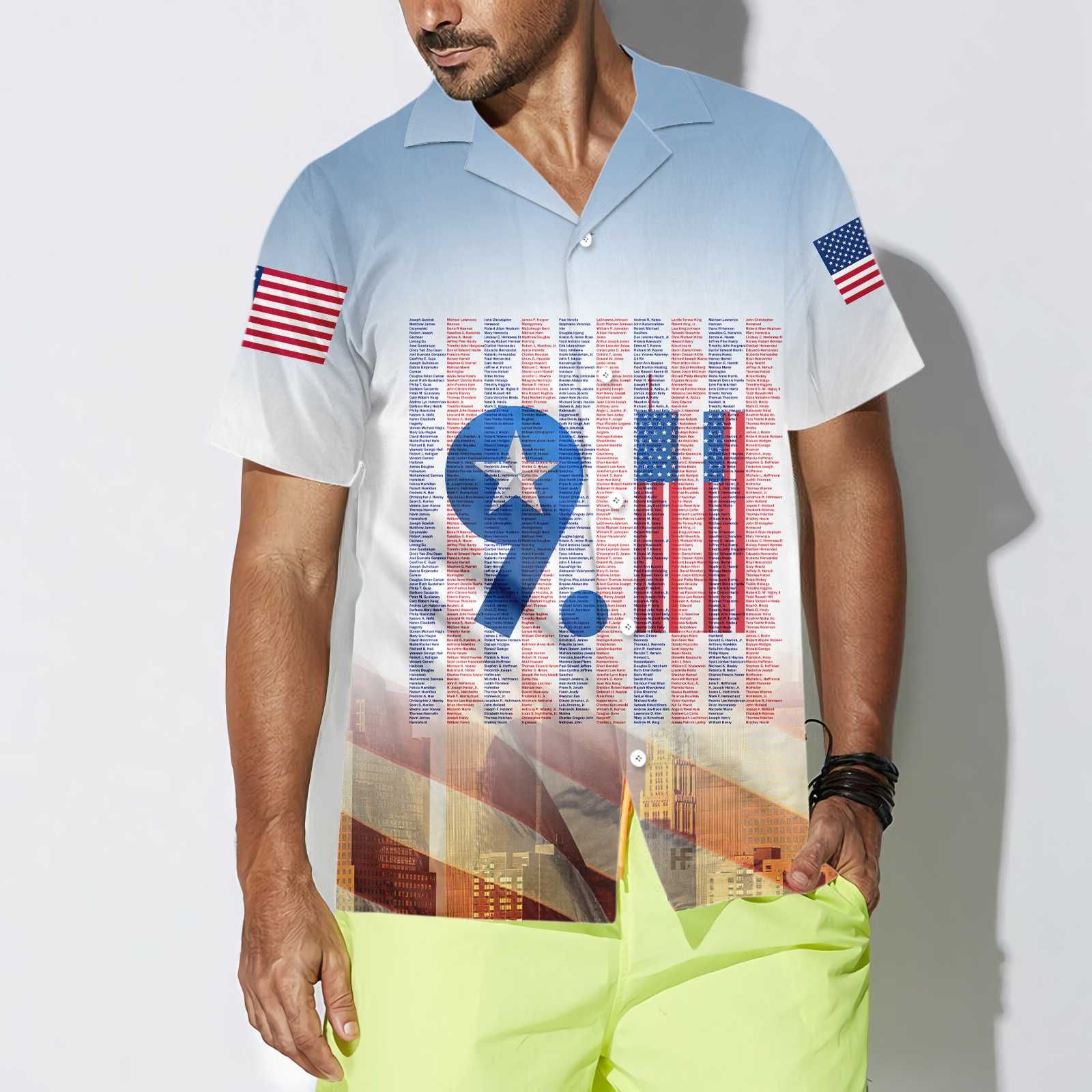 Names On 9/11 Memorial Patriot Day Hawaiian Shirt, American Flag Patriot Shirt For Men And Women