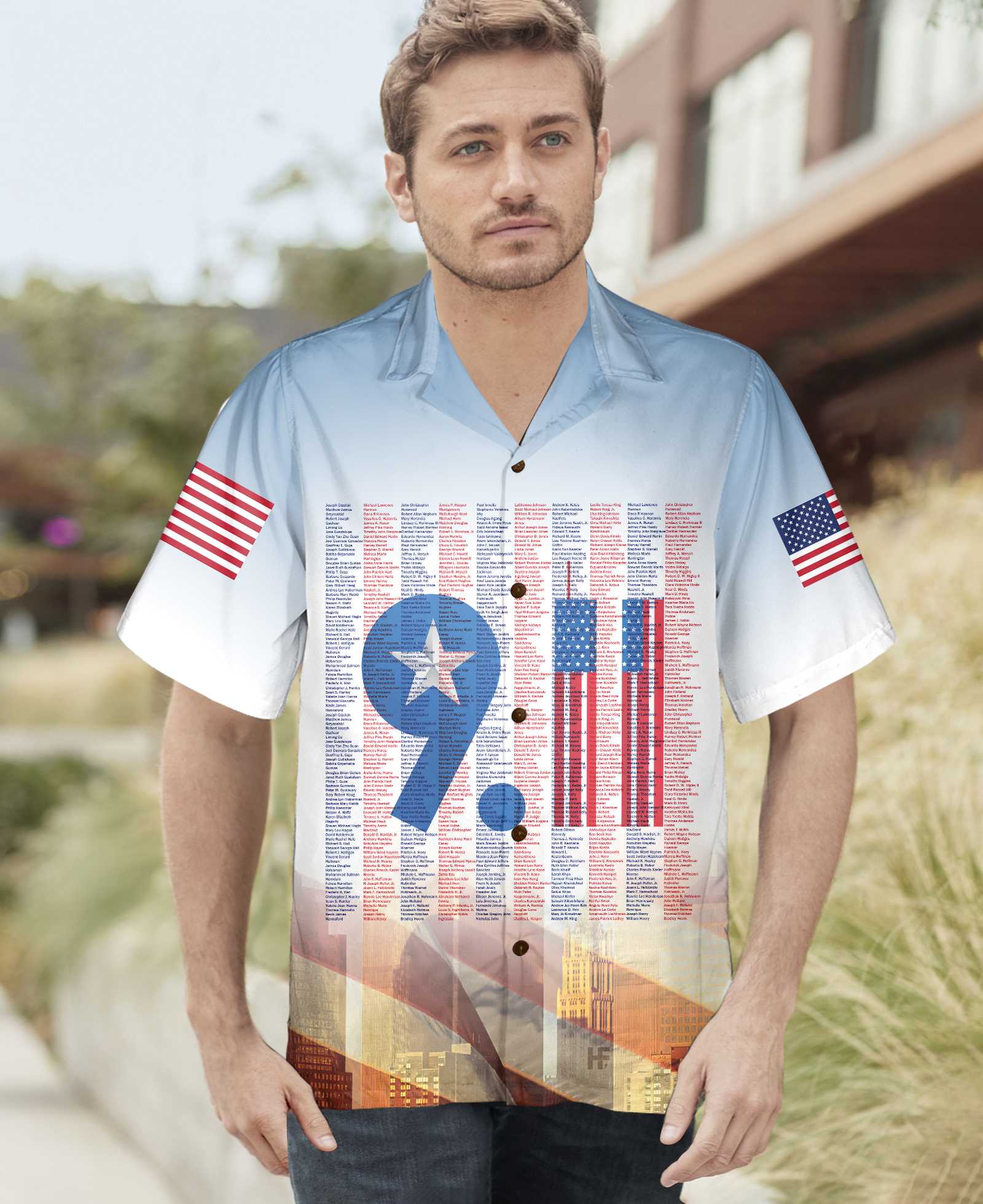 Names On 9/11 Memorial Patriot Day Hawaiian Shirt, American Flag Patriot Shirt For Men And Women
