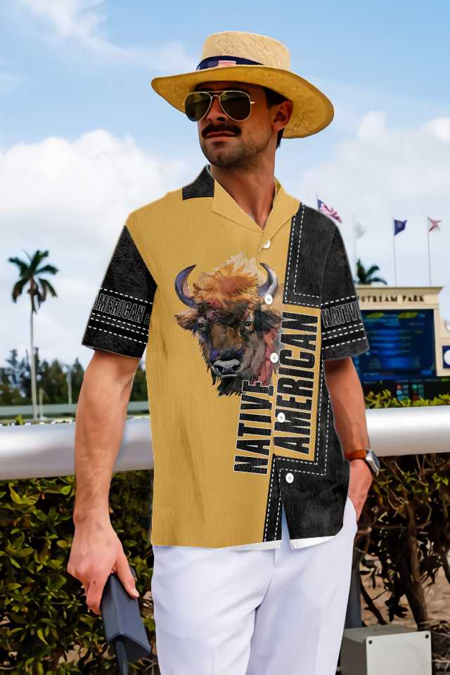Native American Forest Bison Hawaiian Shirt, Black And Yellow Native American Indian Shirt