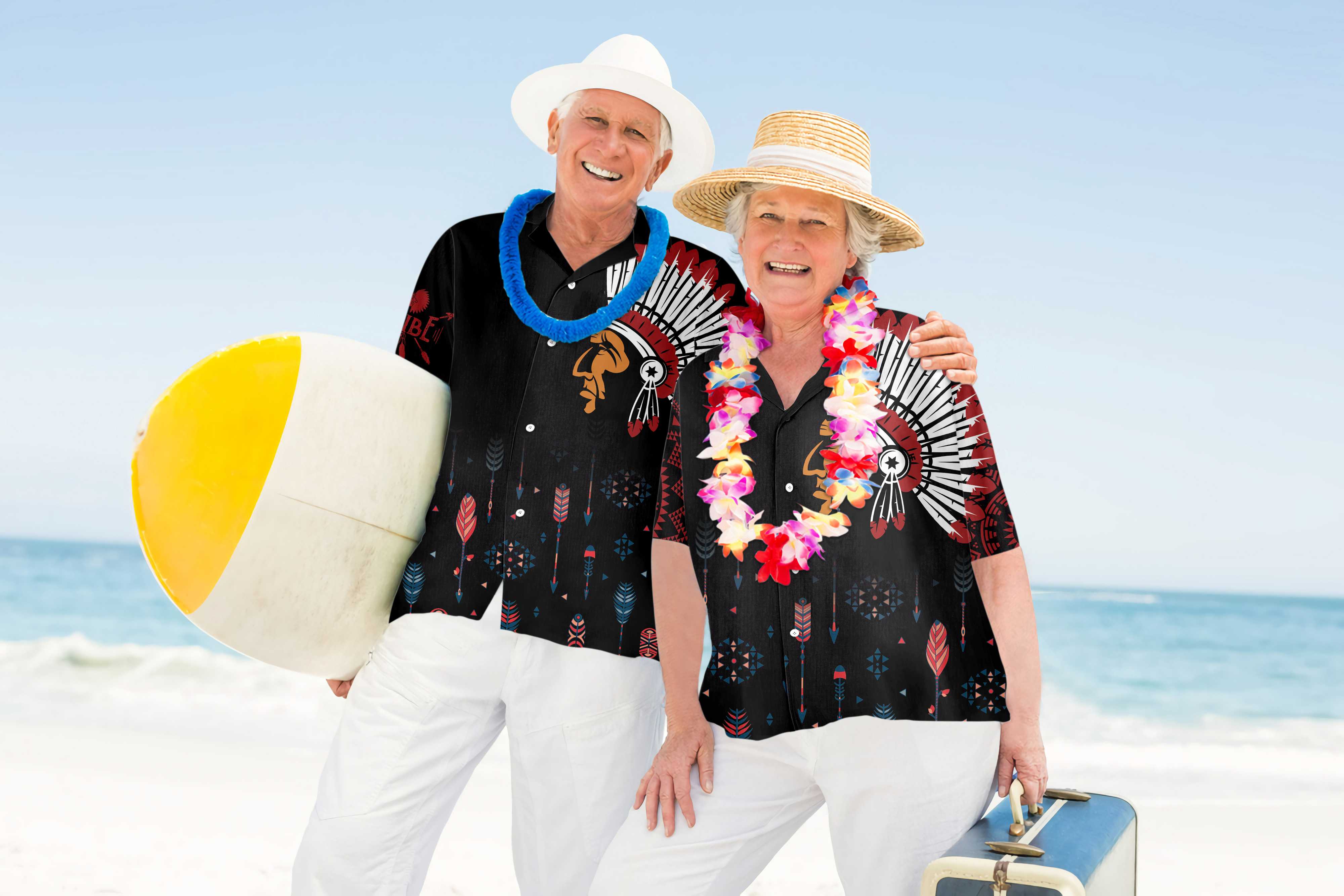 Native American Indian Tribal Chief with Headdress Hawaiian Shirt, Seamless Colorful Ethnic Pattern Shirt