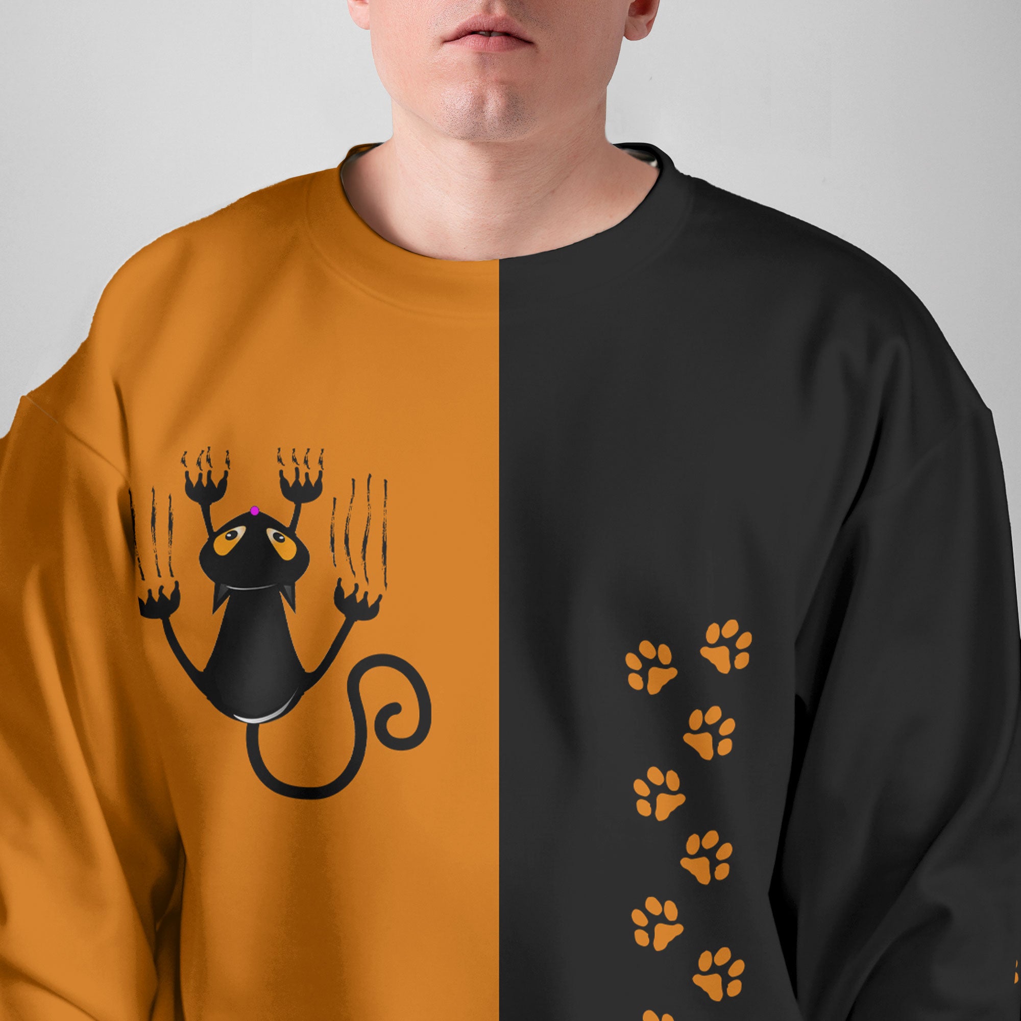 Naughty Cat Pawing Orange Halloween Sweatshirt - HYPERFAVOR