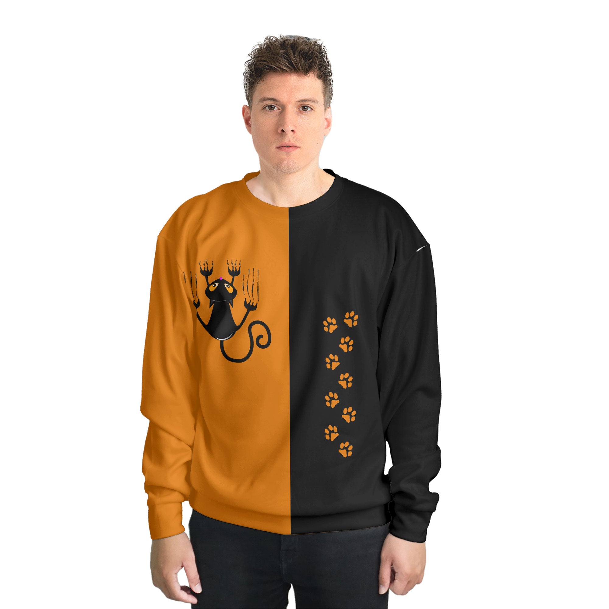 Naughty Cat Pawing Orange Halloween Sweatshirt - HYPERFAVOR