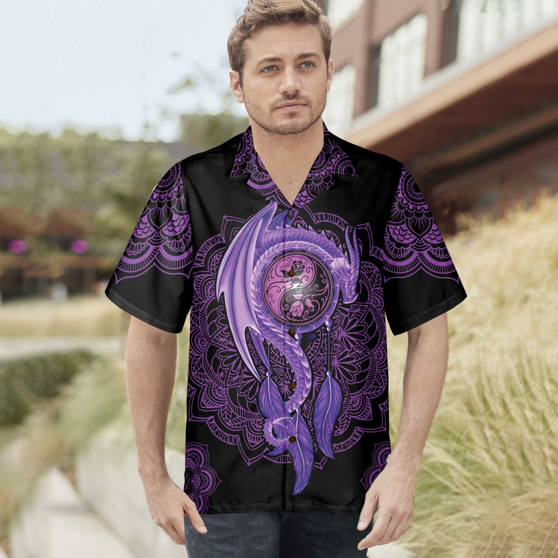 Neon Purple Dragon Mandala Dragon Hawaiian Shirt, Purple Dragon Shirt For Men And Women