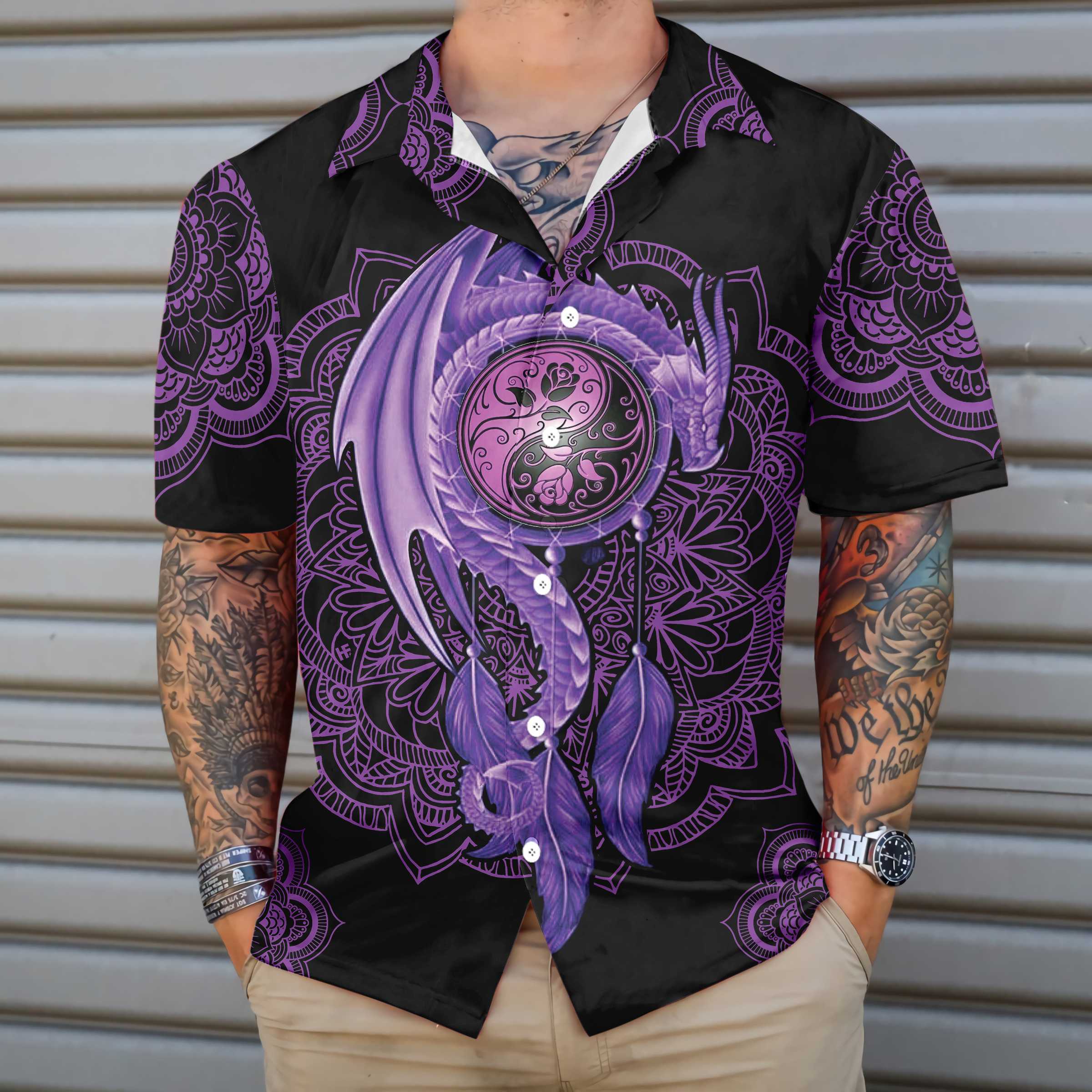 Neon Purple Dragon Mandala Dragon Hawaiian Shirt, Purple Dragon Shirt For Men And Women