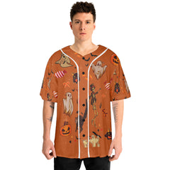 Orange Halloween Ghost Pumpkins Candle Skeleton Silhouette Baseball Jersey - HYPERFAVOR