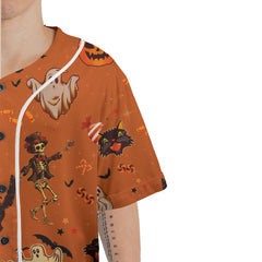 Orange Halloween Ghost Pumpkins Candle Skeleton Silhouette Baseball Jersey - HYPERFAVOR