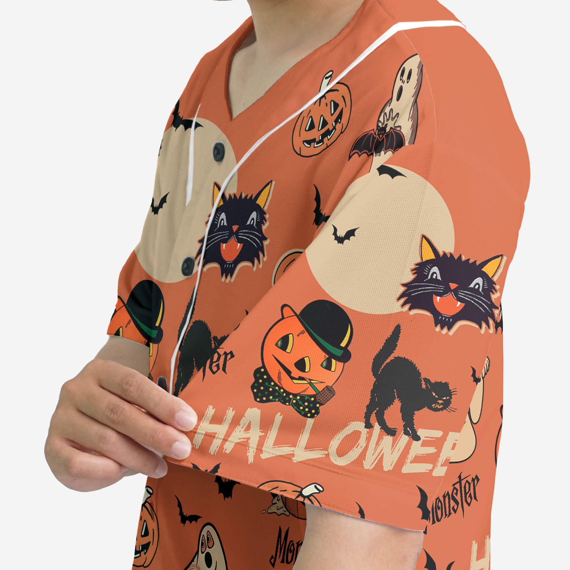 Orange Retro Halloween Ghost Pumpkins Baseball Jersey - HYPERFAVOR