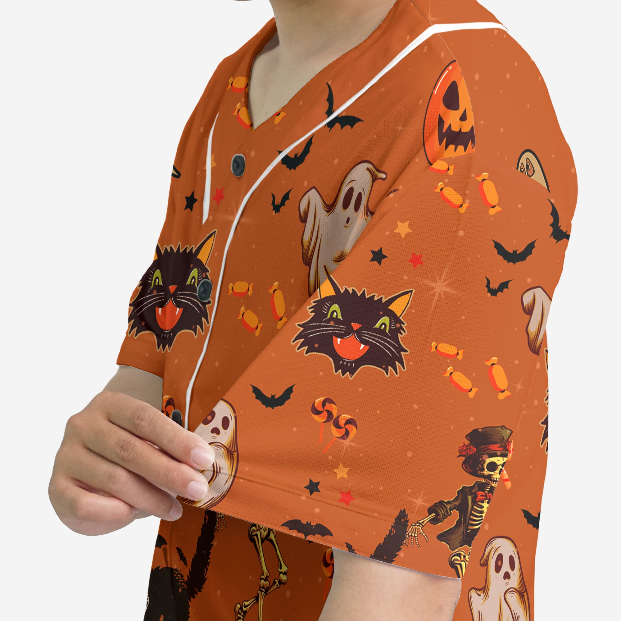 Orange Halloween Ghost Pumpkins Candle Skeleton Silhouette Baseball Jersey - HYPERFAVOR