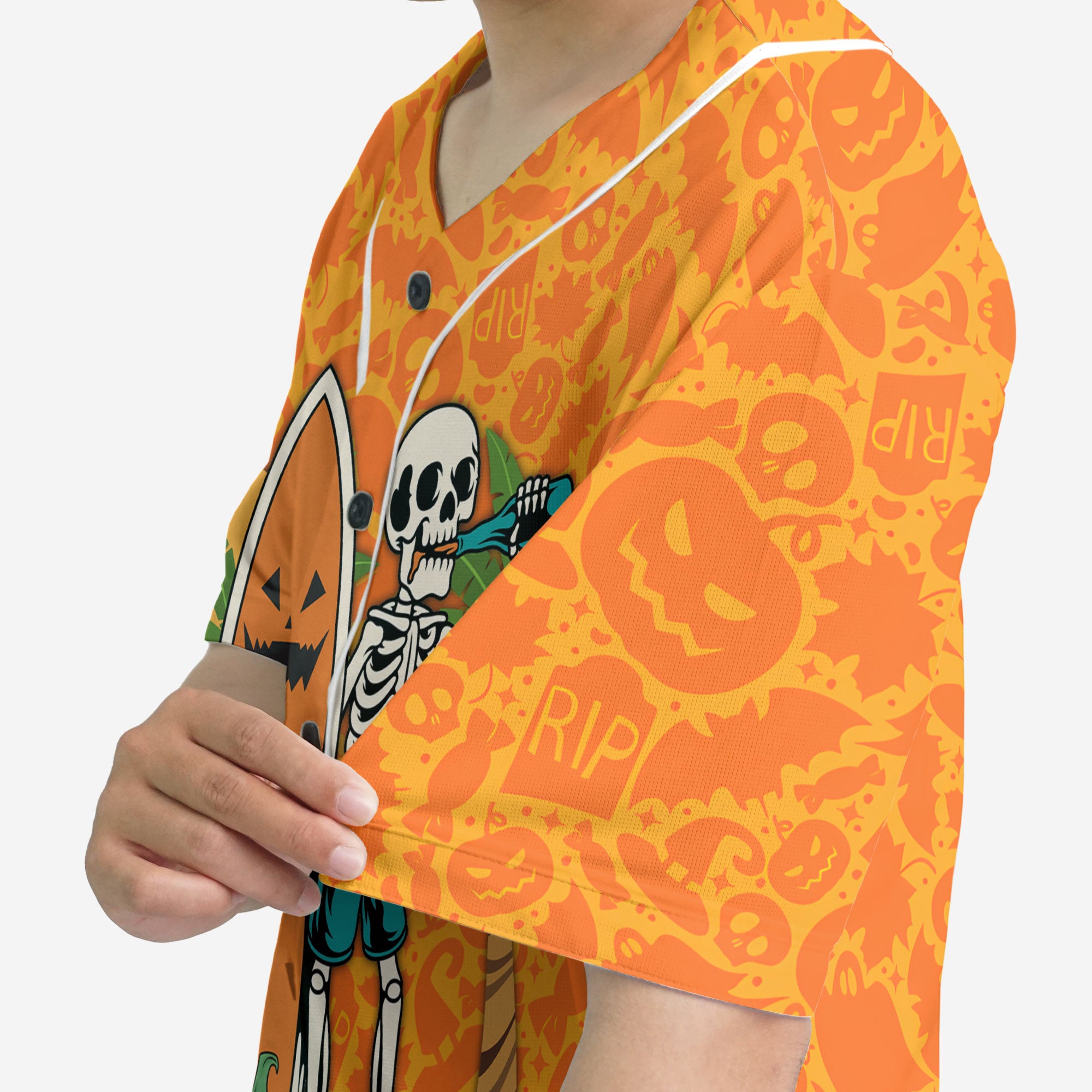 Skeleton Surfing Orange Halloween Ghost Pumpkins Baseball Jersey - HYPERFAVOR