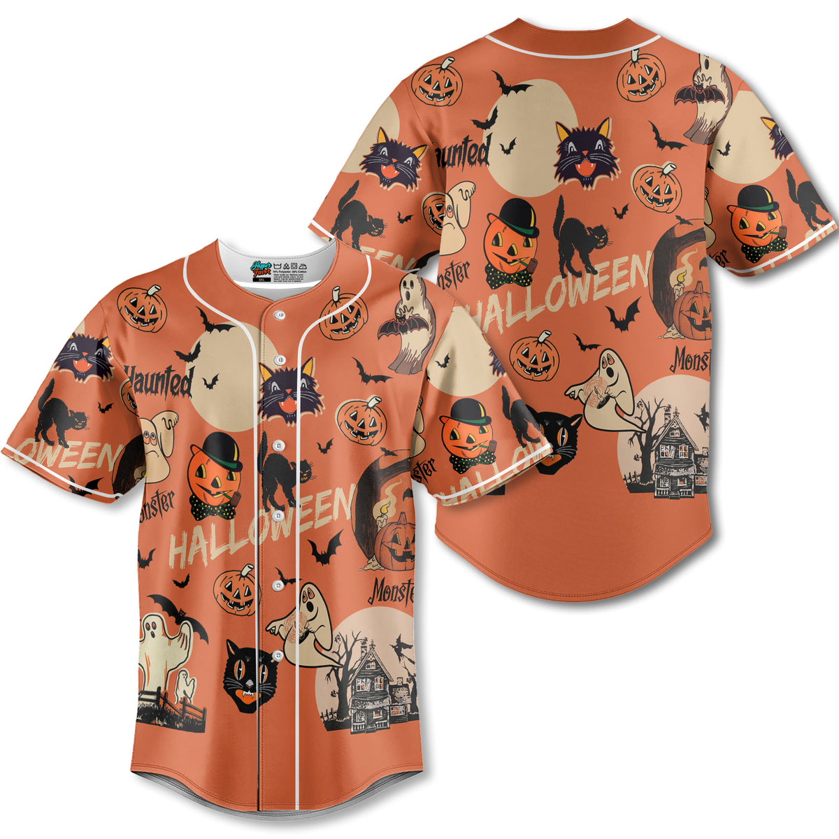 Orange Retro Halloween Ghost Pumpkins Baseball Jersey - HYPERFAVOR