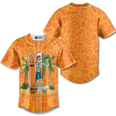 Skeleton Surfing Orange Halloween Ghost Pumpkins Baseball Jersey - HYPERFAVOR