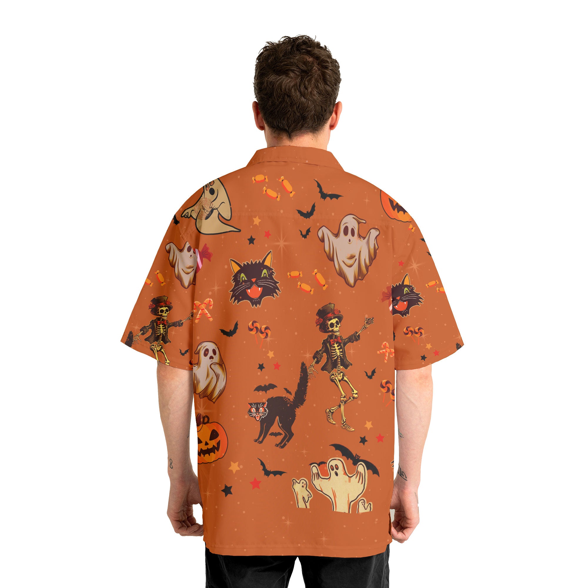 Orange Halloween Ghost Pumpkins Candle Skeleton Silhouette Hawaiian Shirt - HYPERFAVOR