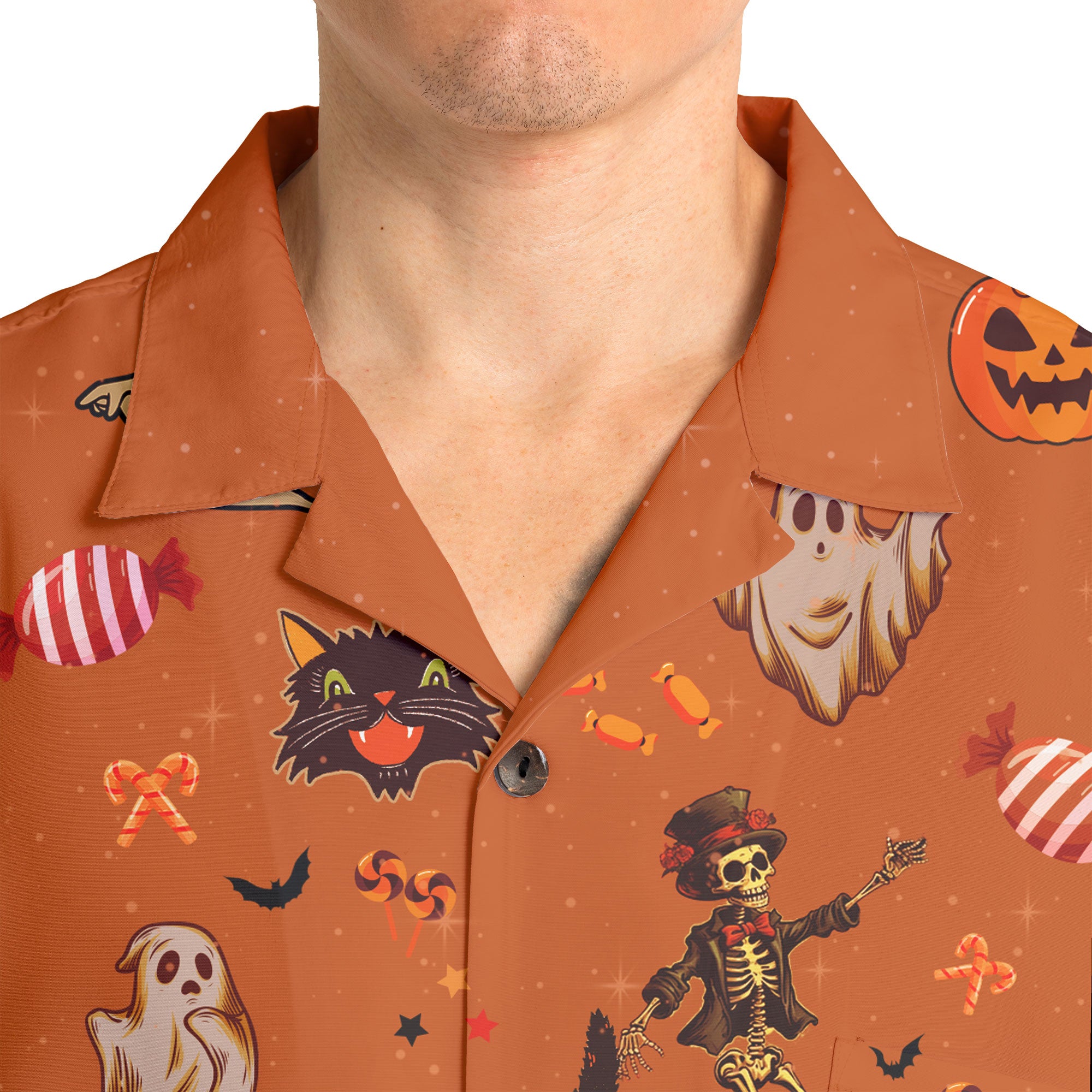 Orange Halloween Ghost Pumpkins Candle Skeleton Silhouette Hawaiian Shirt - HYPERFAVOR