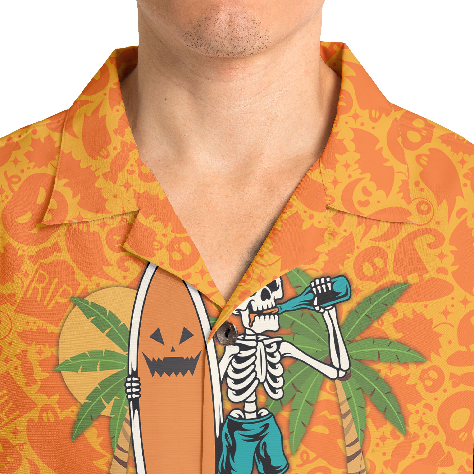 Skeleton Surfing Orange Halloween Ghost Pumpkins Pattern Hawaiian Shirt - HYPERFAVOR