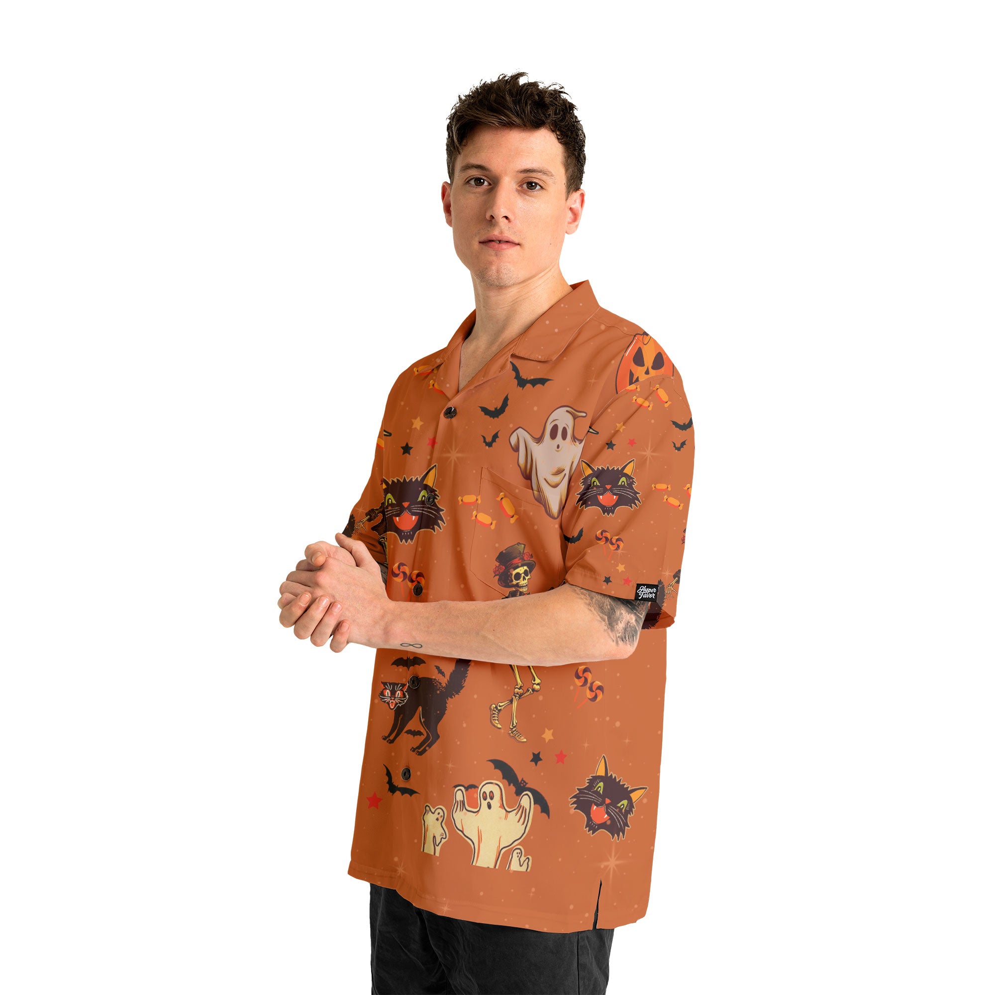 Orange Halloween Ghost Pumpkins Candle Skeleton Silhouette Hawaiian Shirt - HYPERFAVOR