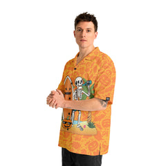 Skeleton Surfing Orange Halloween Ghost Pumpkins Pattern Hawaiian Shirt - HYPERFAVOR