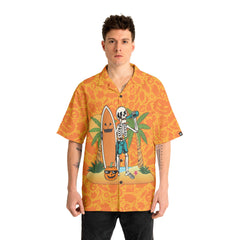 Skeleton Surfing Orange Halloween Ghost Pumpkins Pattern Hawaiian Shirt - HYPERFAVOR