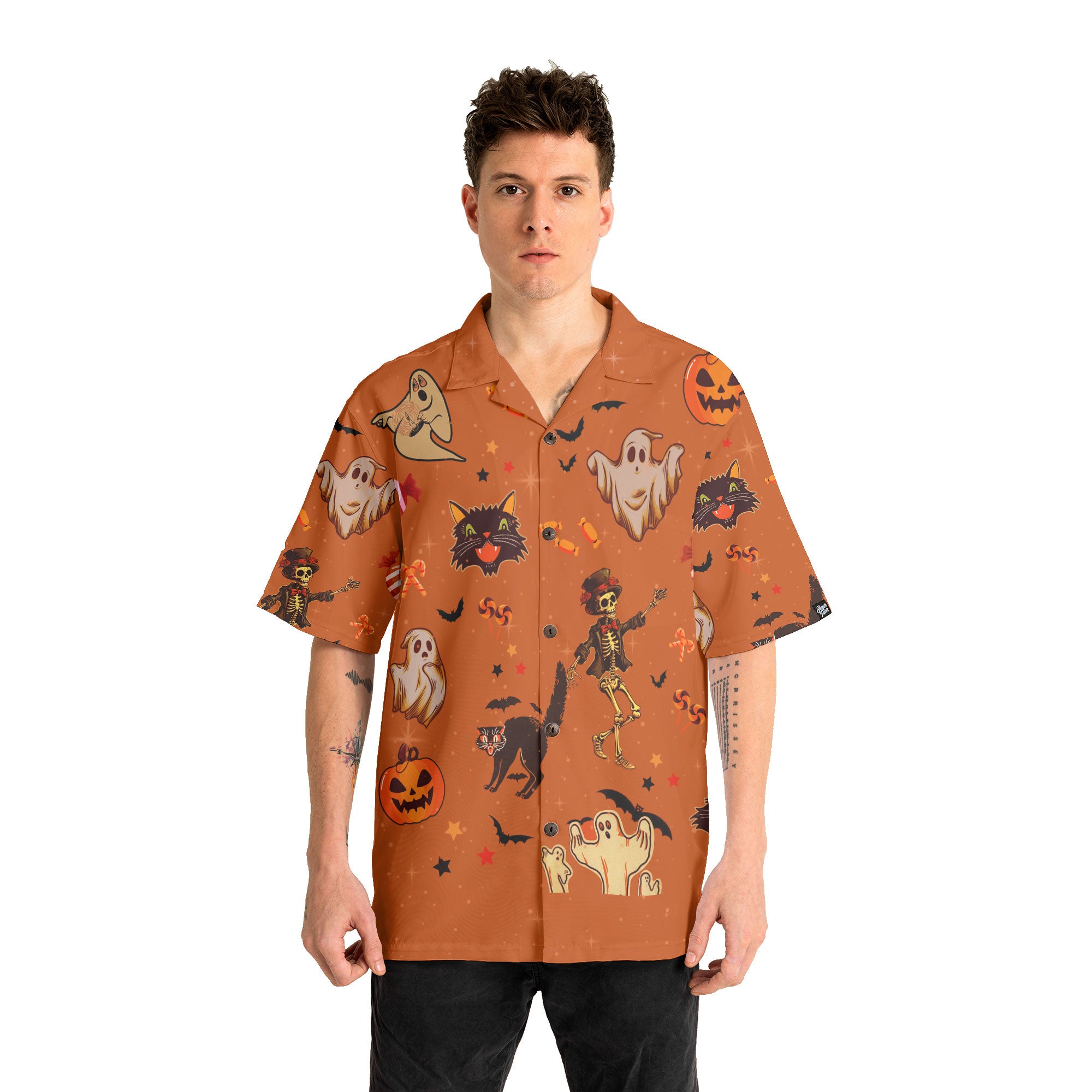 Orange Halloween Ghost Pumpkins Candle Skeleton Silhouette Hawaiian Shirt - HYPERFAVOR