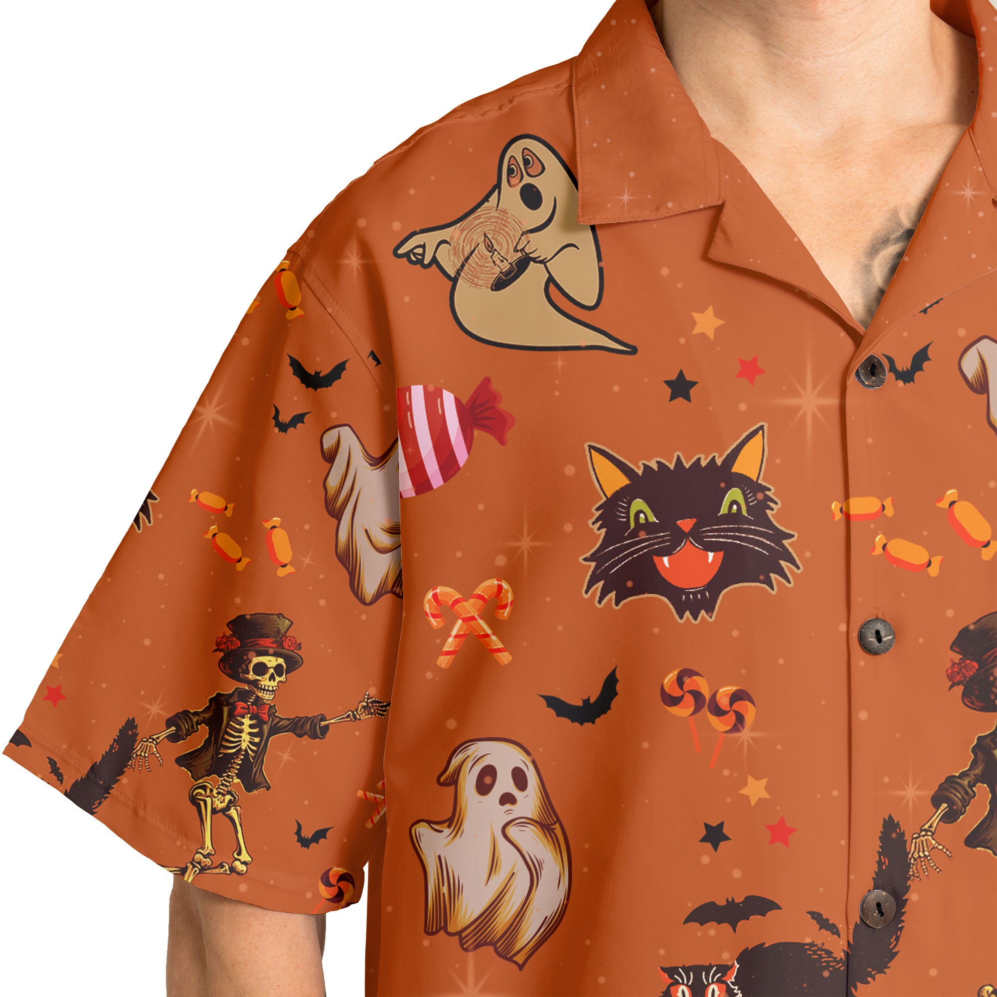 Orange Halloween Ghost Pumpkins Candle Skeleton Silhouette Hawaiian Shirt - HYPERFAVOR