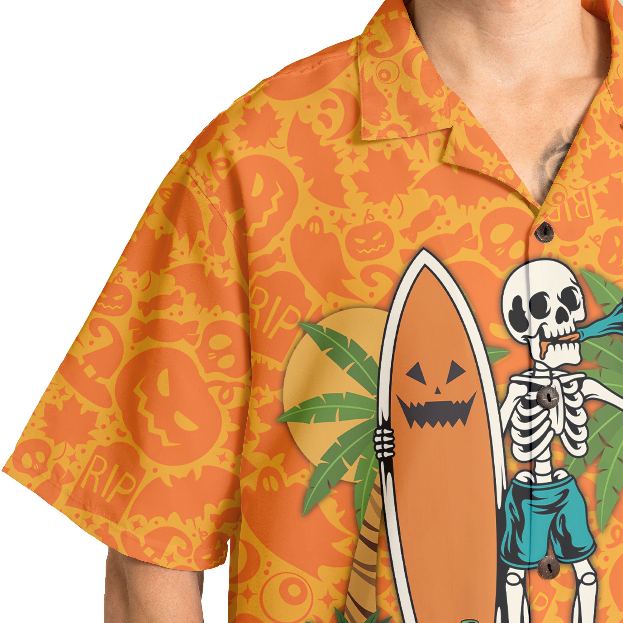 Skeleton Surfing Orange Halloween Ghost Pumpkins Pattern Hawaiian Shirt - HYPERFAVOR