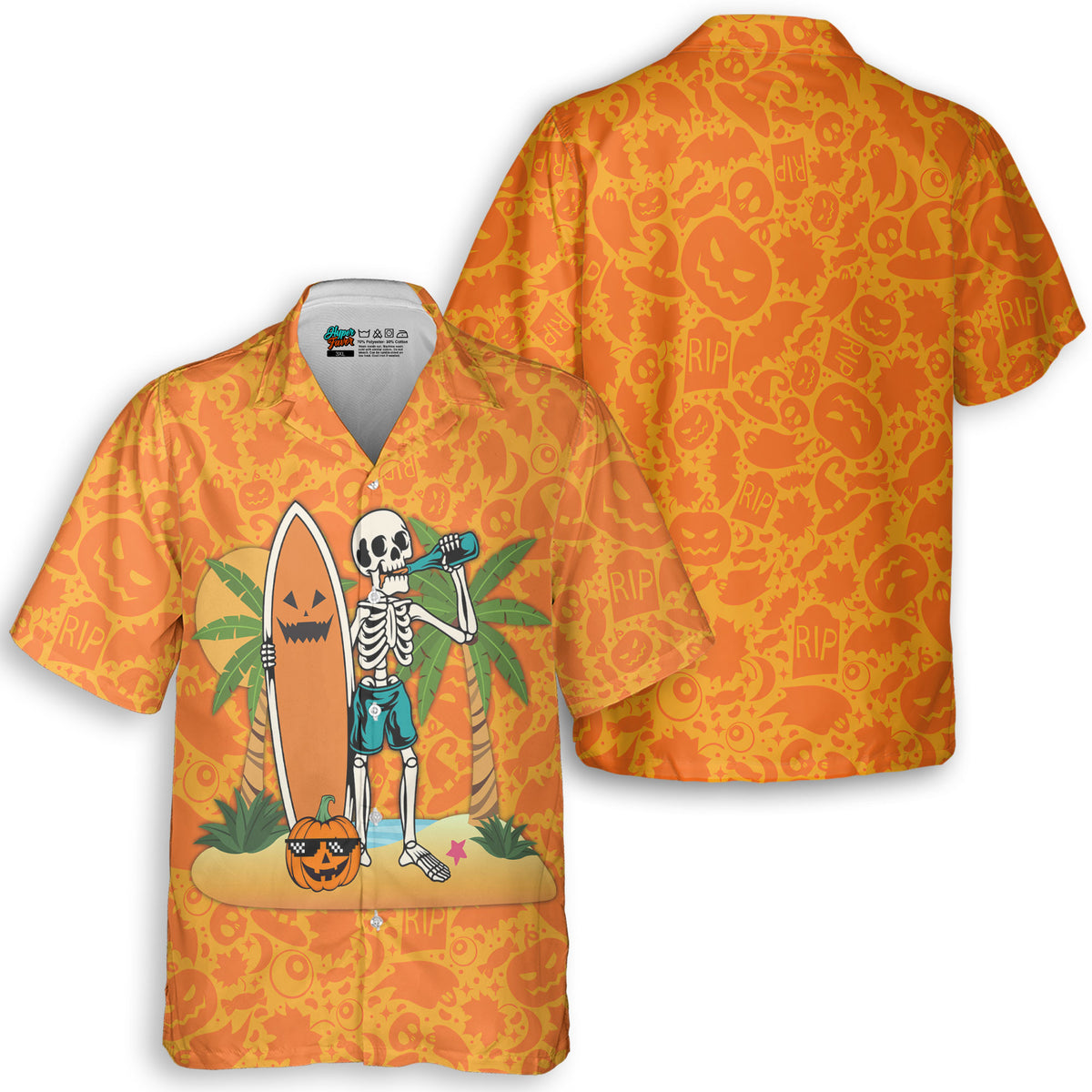 Skeleton Surfing Orange Halloween Ghost Pumpkins Pattern Hawaiian Shirt - HYPERFAVOR