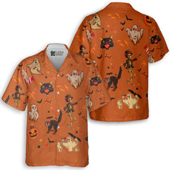 Orange Halloween Ghost Pumpkins Candle Skeleton Silhouette Hawaiian Shirt - HYPERFAVOR