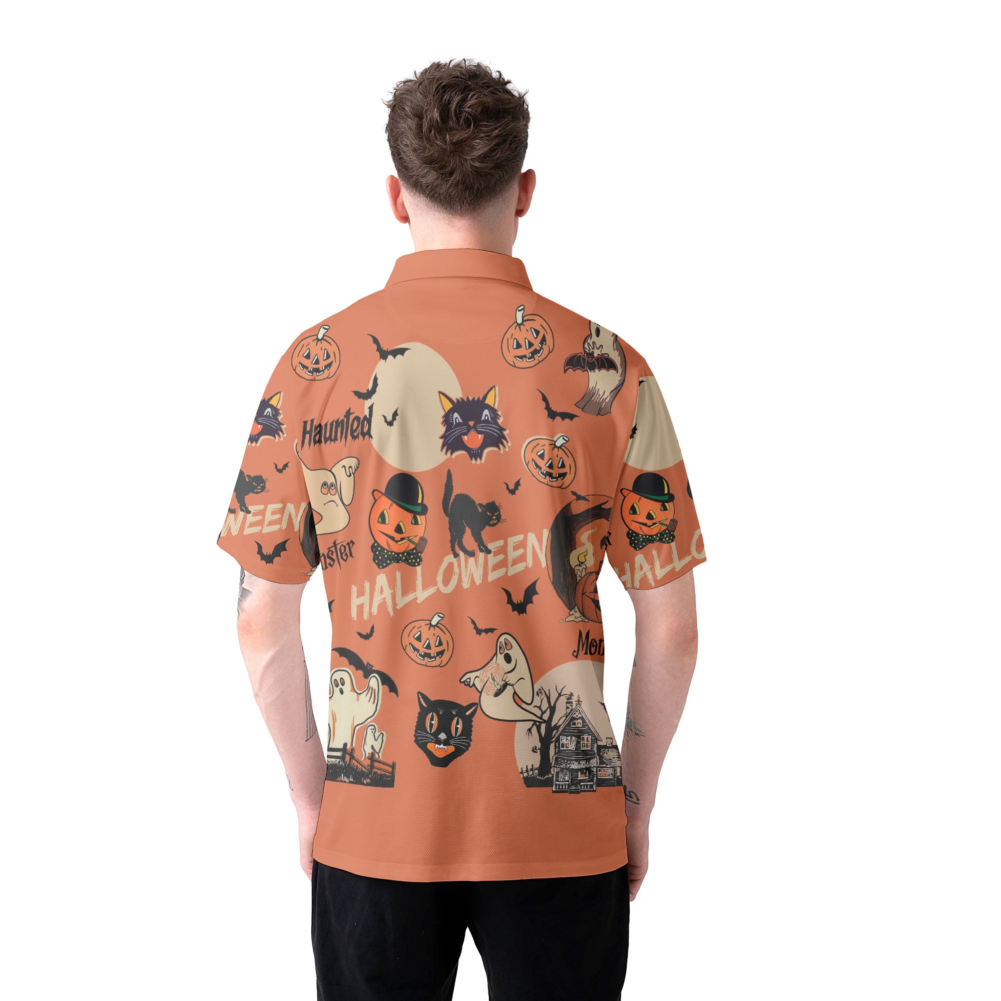 Orange Retro Halloween Ghost Pumpkins Polo Shirt - HYPERFAVOR