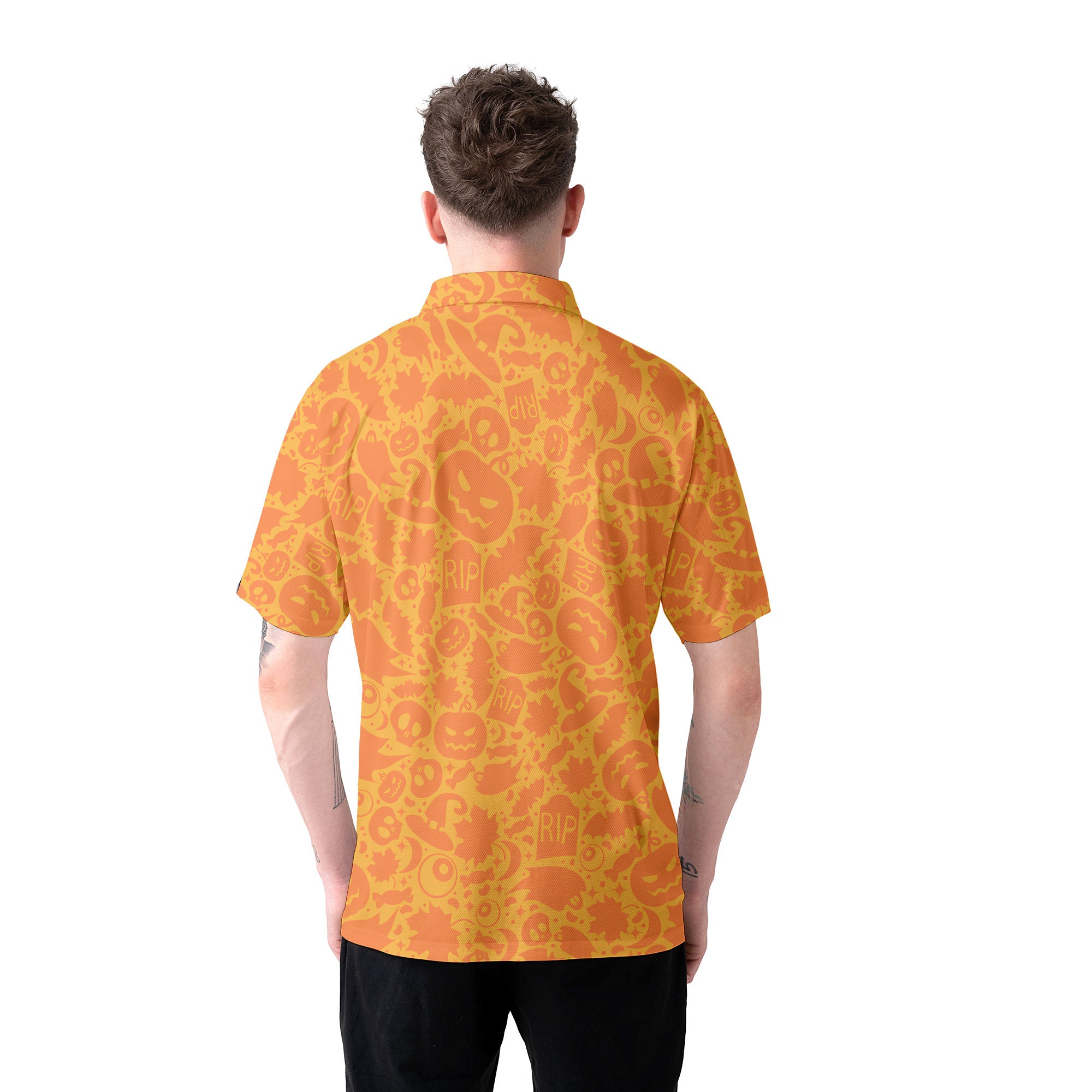 Skeleton Surfing Orange Halloween Ghost Pumpkins Pattern Polo Shirt - HYPERFAVOR