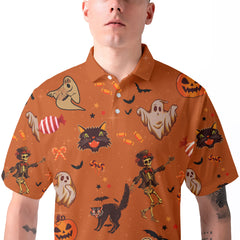 Orange Halloween Ghost Pumpkins Candle Skeleton Silhouette Polo Shirt - HYPERFAVOR